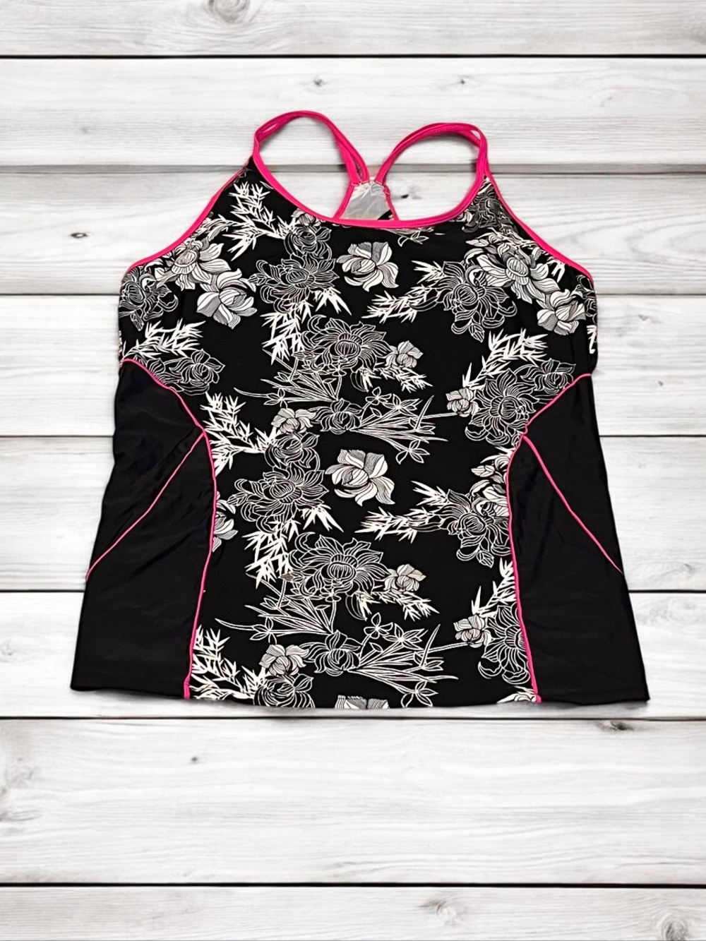 🌸 NEW Floral Tankini Top Black White Flower Print Pink Piping Multi Straps XXL